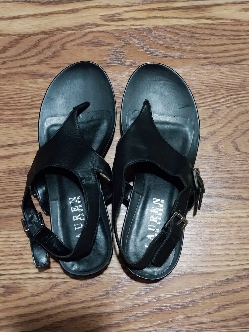 Lauren Ralph Lauren Leather Thong Sandals Women Sz 7.5 Black Buckle Strap Sandal